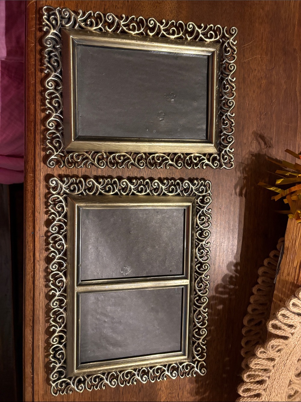Ornate Scrollwork Picture Frames Set in Aged Gold Finish lace brass